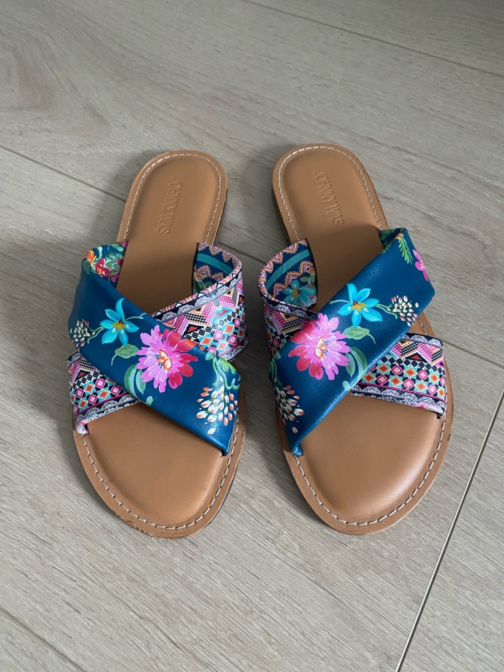 Johnny Was Sonoma Cross Sandal Womens Floral Leather Slide Navy Multi Size 9M
